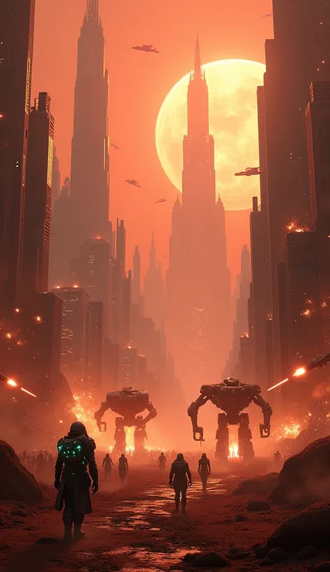 A massive alien city on Mars, glowing with towering crystalline skyscrapers and advanced technology, is engulfed in a brutal war. Sleek, biomechanical ships soar through the sky, firing energy blasts that illuminate the red atmosphere. On the ground, alien...