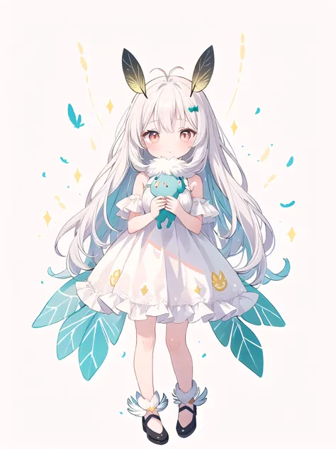 Mother Moth Girl CPT, Moth antennae, Moth Wing, solo,  1 girl, Hanging antennae、 cute、 fluffy、Light Production 、Silkworm moth,(( beautiful feathers  )), colorful background