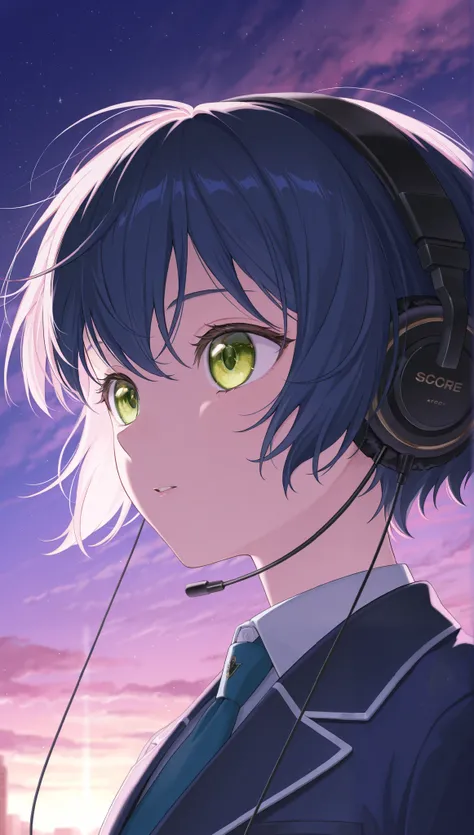  score_9,  score_8_ up,  score_7_ up,  score_6_ up,  source_Anime, ( detailed face and eyes :1.2), break,  portrait ,  face focus,  1 girl, Alone, Navy Hair,  blazer,  headphones ,Look left,  Beautiful Gradated Eyes ,  Supernatural, floating,Light, detaile...