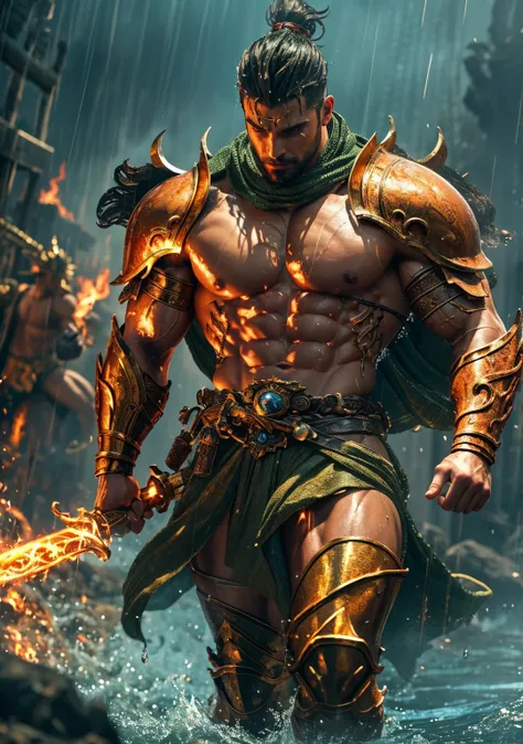 Masterpiece, High Quality, Best Quality, ultra quality, elegant, highly detailed , ultrarealistic , cinematic , male focus , muscular, burly, male, (no shirt: 1.2) , handsome, muscular men, Sexy Steampunk Style , Sexy male knight. Knight with a big dark sw...