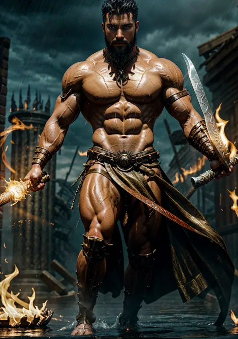 Masterpiece, High Quality, Best Quality, ultra quality, elegant, highly detailed , ultrarealistic , cinematic , male focus , muscular, burly, male, (no shirt: 1.2) , handsome, muscular men, Sexy Steampunk Style , Sexy male knight. Knight with a big dark sw...