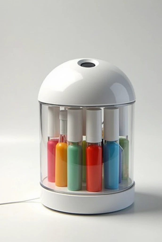 Round bottle container with colored tubes inside with sensor in the lid so that when I want to use a specific color, press the sensor and the tube comes out with the color I want 