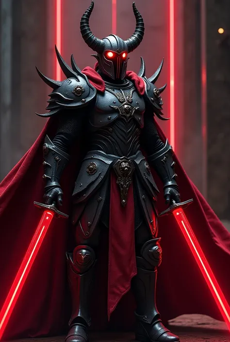 A demonic God with Demonic black and red armor with spikes, Medieval helmet, red glare, Red neon cape, red two swords, Long black horns with red lines, Skull shoulder pads, with 2 red spikes on the shoulder pads.