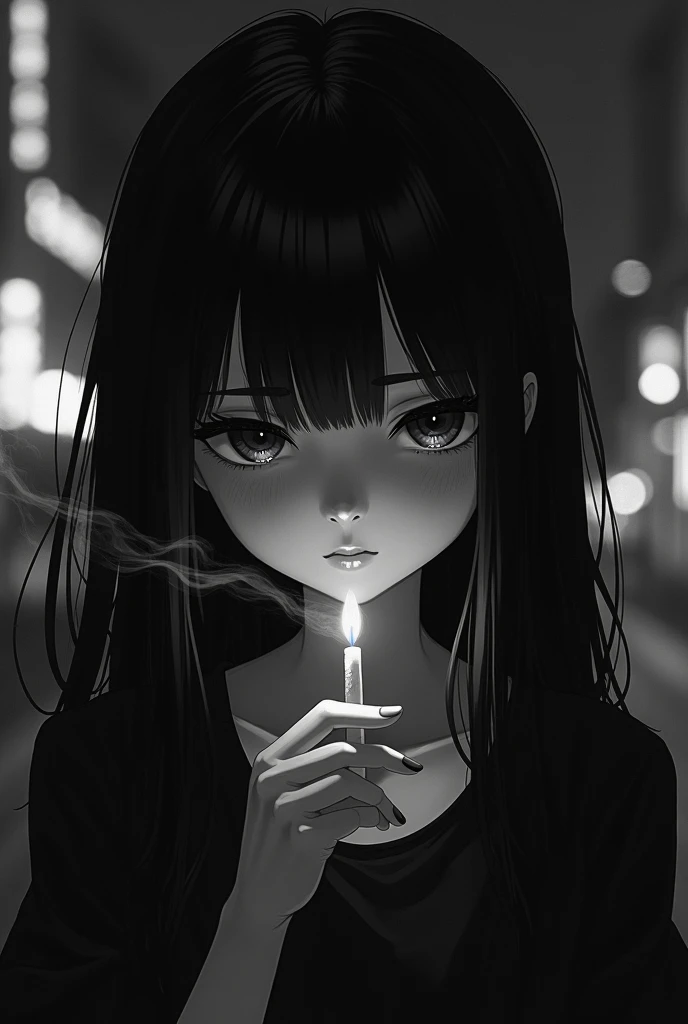 cute anime girl in black and white filter in melancholy with a cigarette sad Tokyo Ghoul Dead Inside