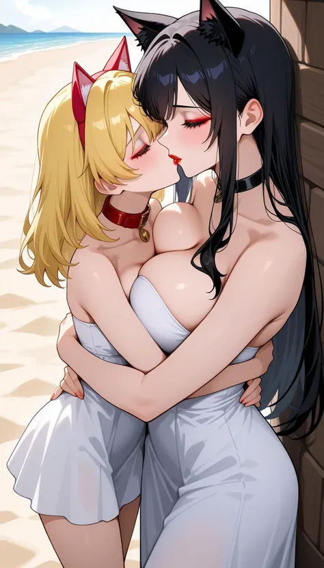  and two lovely girls ，Short，Baby Face Big Breasts， well-shaped ，One has long blond hair ， the other has long black hair，两人都有Cat ears，Eyeshadow， red lips，Kiss each other， hug，Shy， collar，Cat ears， sand，Wear a strapless white dress