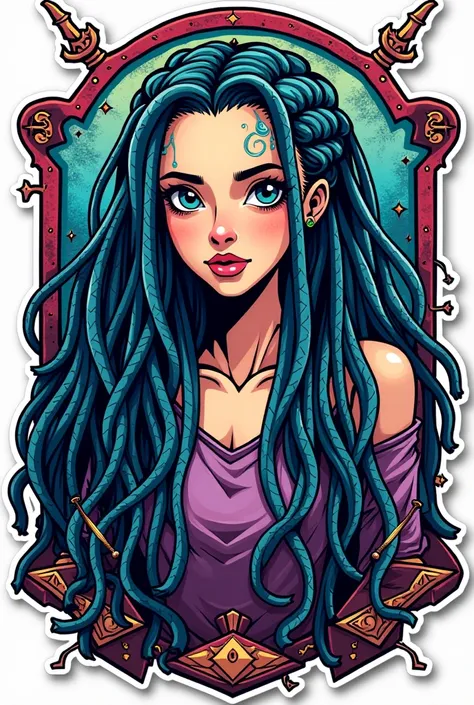 sticker, white girl with dreadlocks, arcane comic style