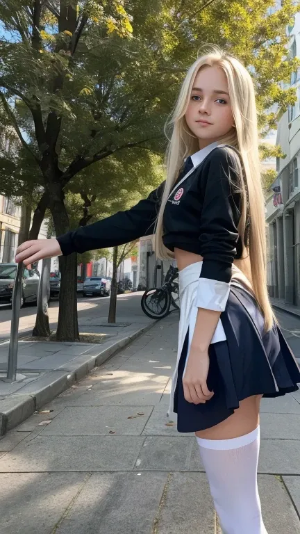   Young girl with long blond hair up to the waist, in a white school uniform in the city center  ,   height 175  , weight 52  ,  city near a park with a school  