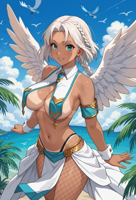 score_9, score_8_up, score_7_up, score_6_up, score_5_up, score_4_up, Anime, anime_screencap, best quality, stunningly sexy beautiful woman, two even wings, white wings, DOVE Woman, 2wings, aqua_blue bird, flying above the clouds, mid-air, above a tropical ...