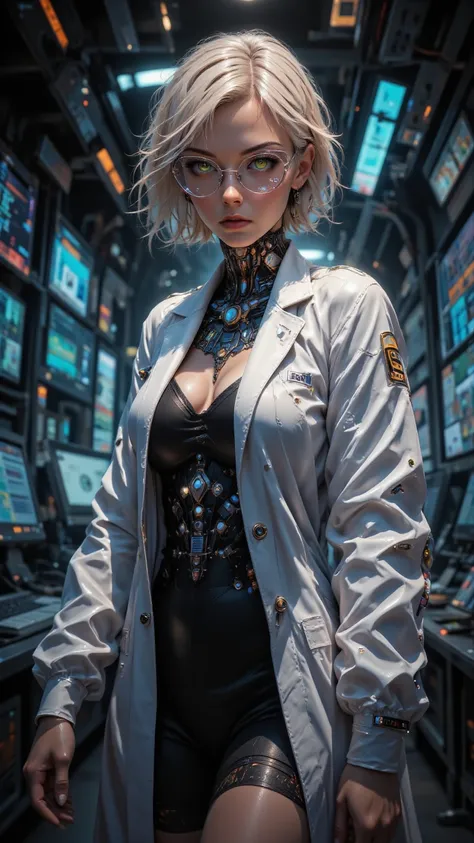  4K Anime Style Quality ， Digital Drawing Mode ， A Cool and Smart Scientist ， Golden Short Hair and Sharp Green Eyes ， wearing white lab coat and black dress， Standing in Control Room ， Data screen reflected from her glasses ，whole body， Professional and c...