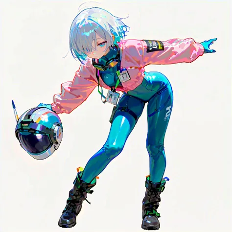 (((masterpiece))), (((Best Quality))), ((Ultra-detailed)), (High Definition anime Illustration), ((extremely delicate and beautiful)),((1 mechanical girl)),solo, Full body,  sky blue hair and eyes, hair over one eyes, short hair, ,((pink woolen cardigan:1....