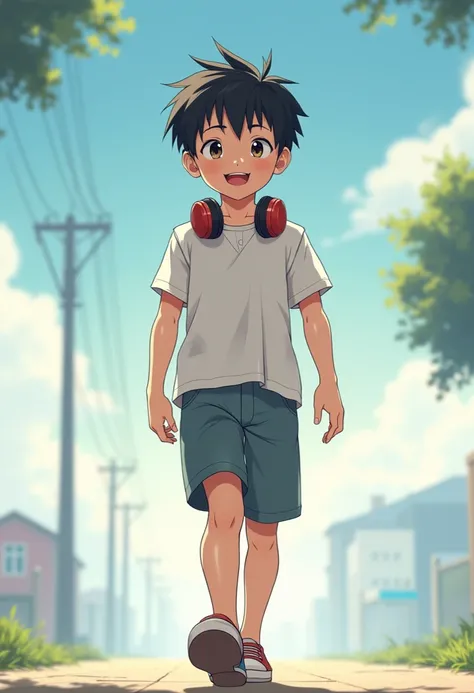 A boy walking ,full-bodied  .With a shirt wearing headphones,Draw her legs, Anime style, young