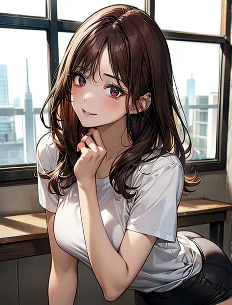  reddish brown hair that extends to the shoulders　Perfect beautiful girl　 Clear black eyes　 well-groomed 　 wearing a white t-shirt　Wearing school bloomers　 delicate body　 slim　 plump breasts　Bang butt　 is so lovely　 clear　glossy　graceful　 mature face　 with...