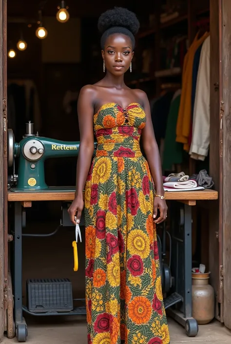 An African dark lady wearing a corset long Ankara gown standing in front of her shop holding a tape and scissors with an industrial machine on the table with a brand name boldly retten on the world 