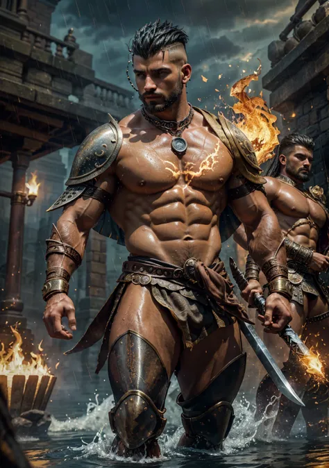 Masterpiece, High Quality, Best Quality, ultra quality, elegant, highly detailed , ultrarealistic , cinematic , male focus , muscular, burly, male, (no shirt: 1.2) , handsome, muscular men, Sexy Steampunk Style , Sexy male knight. Knight with a big dark sw...