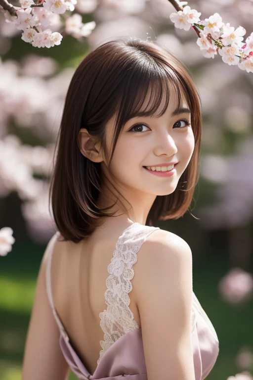 (8k, RAW photo, photorealistic, HQ, masterpiece), a cute Japanese woman, (glowing eyes), (from below:1.2), 
(shy smile), brown hair, (Violet color dress, sleeveless long dress, elegant lace silk fabric dress:1.2), large breasts, (in A vast forest filled wi...