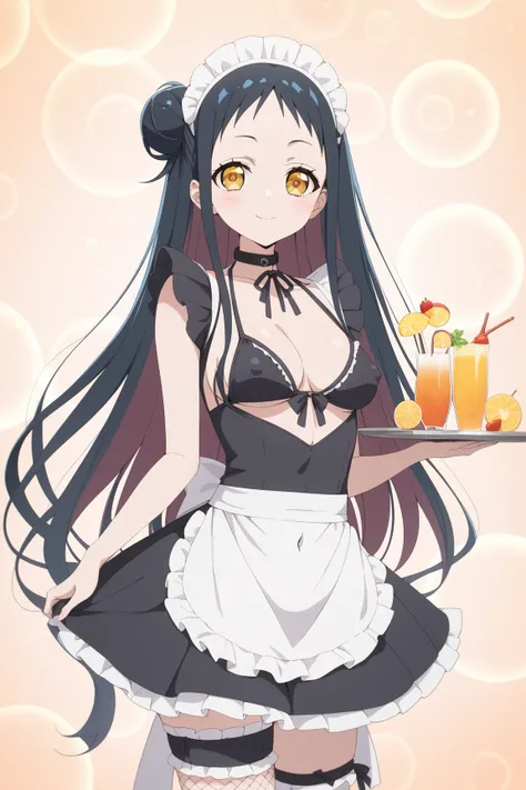 masterpiece,best quality,{{detailed beautiful face and eyes}}, very detailed background,
Hibana Kagari,{{{megami magazine}}},long hair,black hair,hair bun,yellow eyes,medium breasts,
(black maid bikini:1.4),(white long apron:1.4),(frills:1.2), white maid h...