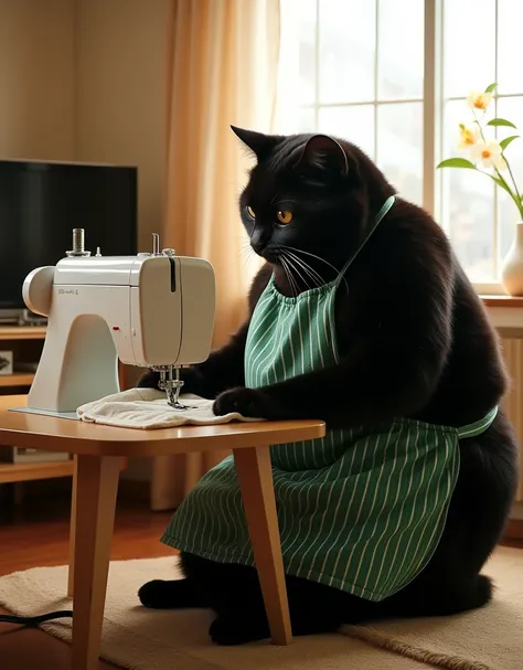 documentary photo, Photo-realistic, ultra-realistic, human-like giant black cat\(human-like giant black cat, little chubby, big, tall, taller than human, wearing a vertical striped green apron\), the human-like black cat is sewing a large oven mitt on a se...