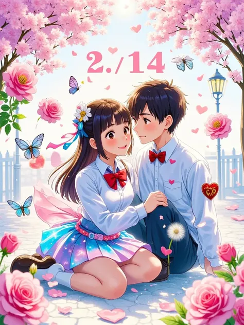 Transparent watercolor texture, White space artistic processing. Q version couple sitting on a letter written by a feather pen, Girl's skirt is dyed into a pink and blue starry sky, Boy's bow tie turns into a butterfly and rests on his shoulder. Floating d...