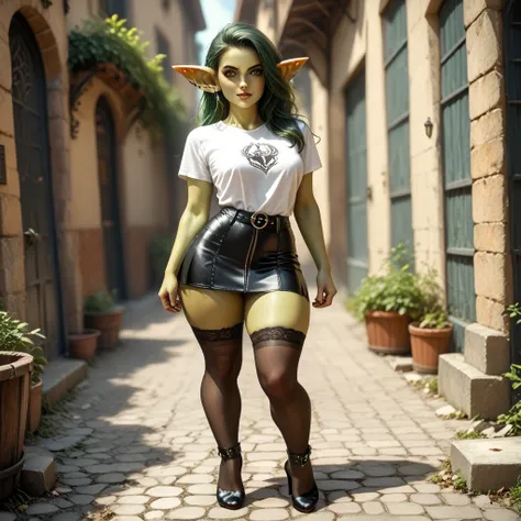 Goblin Girl, Short stature, dark green long hair, beatiful face, sexy facial expression, Facing the camera, green skin, Skin color: green, Body glare, ((pretty eyes)), green colored eyes, ((Perfect Sexy Figure)), Ideal body shapes, big thighs, ((Subtle and...