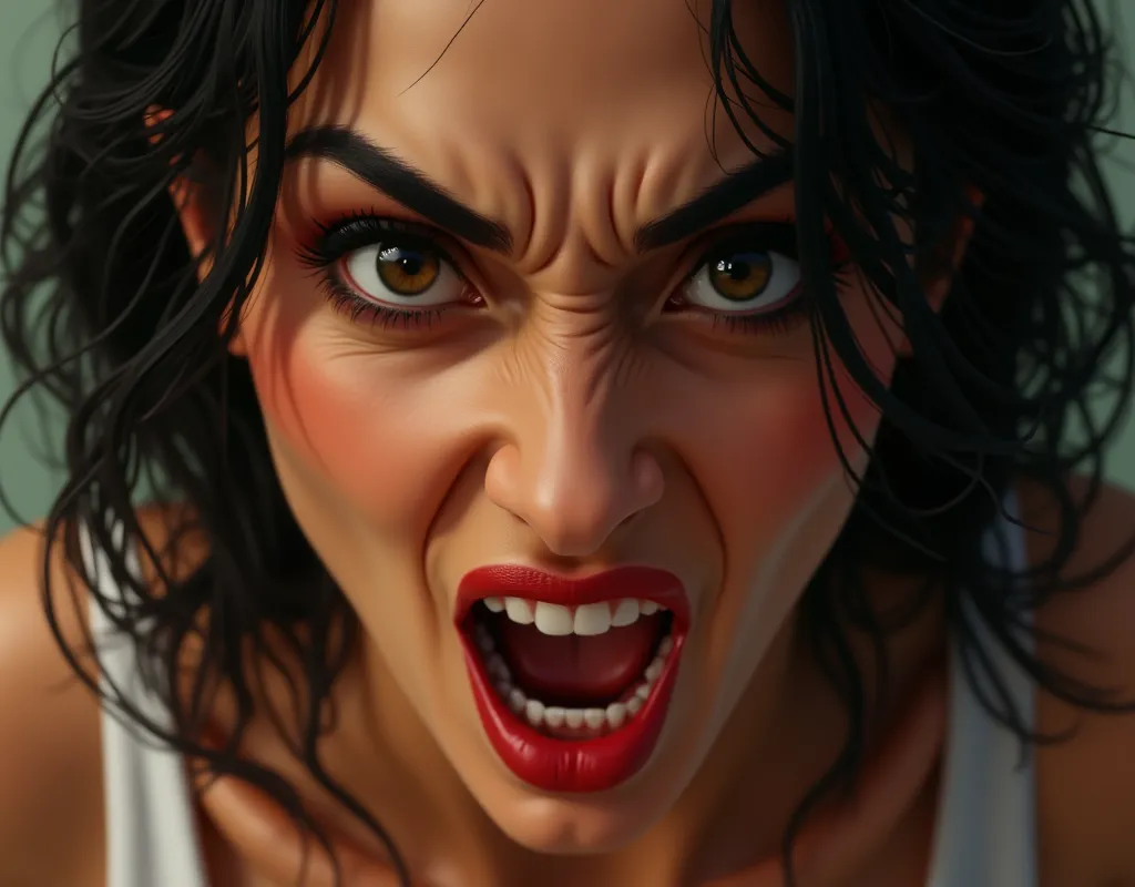 Hispanic lady's mean face, mean smile, mean eyebrows, mean eyes, mean nostrils, mean mouth corners, mean sexy red lips, from below, masterpiece, and the absurd ultra-high resolution reveals the artistry and sensuality of this scene.