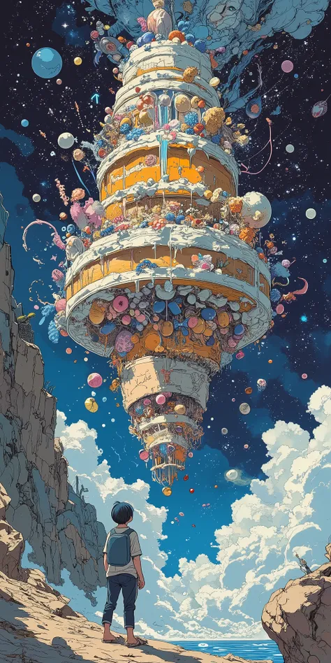 From a bird's-eye view, you will see a huge surreal, incredibly beautiful multi-tiered sponge cake with whipped cream and caramel, lavishly decorated with fruits, berries and colored marmalade. Gigantic as planet Earth. A cake dynamically falling from the...