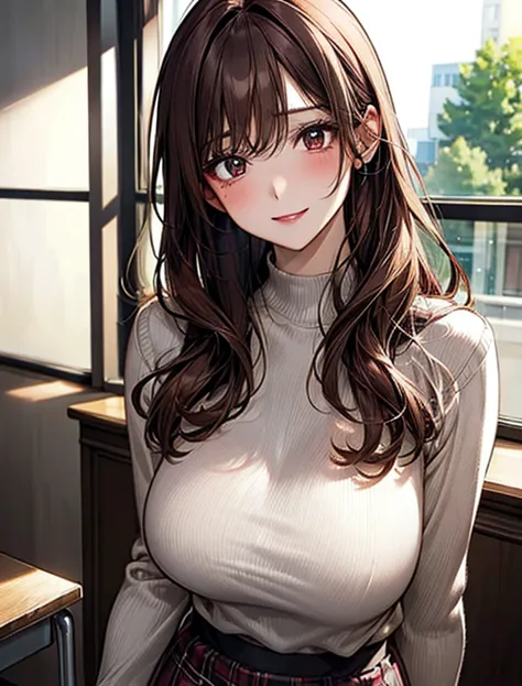  reddish brown hair that extends to the shoulders　Perfect beautiful girl　 Clear black eyes　 well-groomed 　White long sleeve sweater　I'm wearing a tartan check miniskirt　 delicate body　 slim　 plump breasts　Bang butt　 is so lovely　 clear　glossy　graceful　 mat...