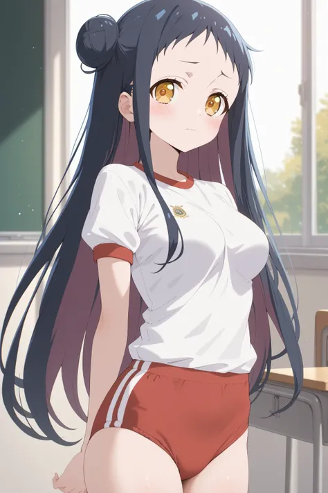 masterpiece,best quality,{{detailed beautiful face and eyes}}, very detailed background,
Hibana Kagari,{{{megami magazine}}},long hair,black hair,hair bun,yellow eyes,medium breasts,
gym uniform,red buruma, white shirt, short sleeves, thighs,
1girl,(is emb...