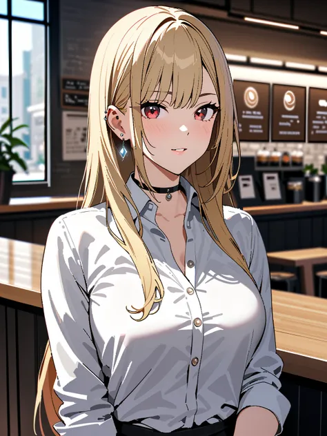  coffee shop,  office lady,  kitagawa marin ,  1girl , blonde hair, long hair, multicolored hair, red eyes, jewelry, earrings, piercing, black choker, masterpiece:1.5, highest quality, UHD, retina, masterpiece, accurate anatomy, super detailed, high qualit...