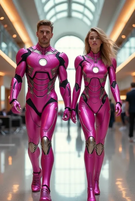  A handsome man , blonde ,wearing a pink ironman costume and a beautiful woman, blonde , wearing pink sexy ironman costume , is walking along , luxury airport room background, realistic image ,HD quality