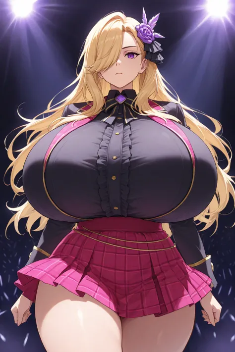 high resolutionx, high quality, 1 girl, solo, cute, kawaii, tall female, gigantic breasts, gigantic breasts, gigantic breasts, curvy, wide hips, thick thighs, blonde hair, long hair, purple eyes, hair over one eye, idol, hair ornament, skirt, straight face...