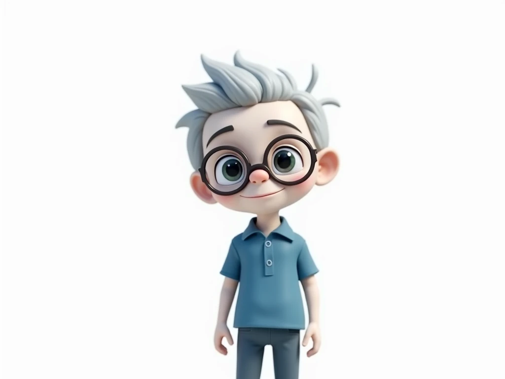 creer moi un personnage debout du style rasta mais avec la peau blanche , portant des lunettes cheveux court gris et un polo  , style cartoon sur fond blanc Couleur dominante bleu gris blanc