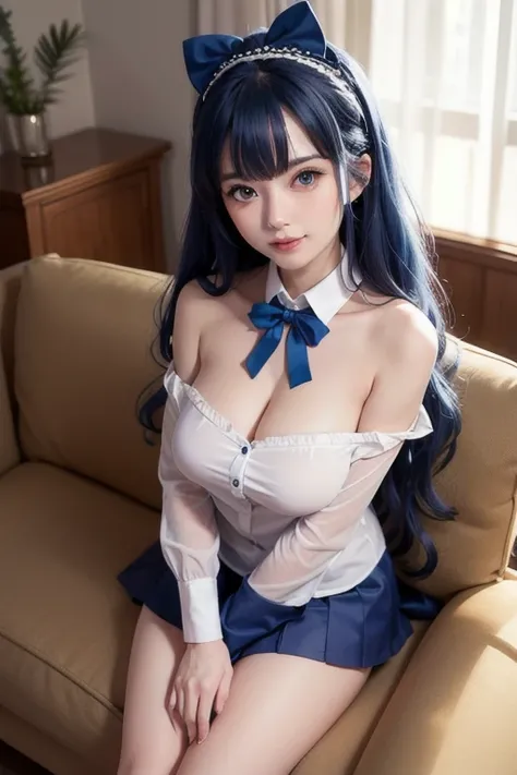 konosubaaqua, goddess of water, long blue hair with waves like waves, deep blue eyes like the sea, hair ornament, pretty hair, blue hair, hair rings, lying lazily on a sofa, mischievous smile, conceited, very short skirt with waves, white stripes under the...