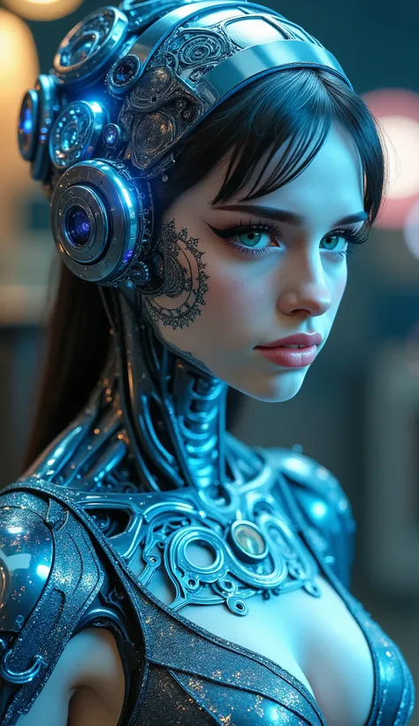 A statuesque cyborg android woman, her chest artwork resembling a pulsating, gems dealers bucket list diamond battery, a Mona Lisa's enigmatic smile with eyes afire in a mesmerizing, azure laser glow, crowned with spelltacular, interlocking blue gears ador...