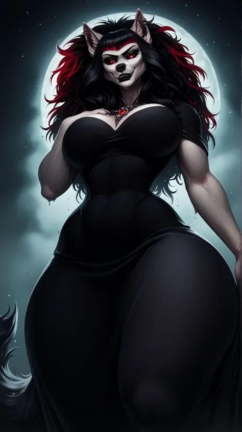  Anthropomorphic furry female wolf,  black fur,  black body , WOLF EARS,  wolf tail, Expressive, fault,  perfect face,  sexy,   beautiful , (black sclera,  red eyes,   with perfect eyes ,  detailed eyes ), Black hair(red highlights)  dumb bangs, (( sexy bl...