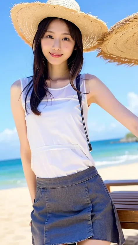  incredibly beautiful Japanese woman, Matsui Reina,  beach, (  top quality , 8k,  masterpiece :1.3),  masterpiece,  top quality ,  skirt flip,  summer dress,  Straw Hat