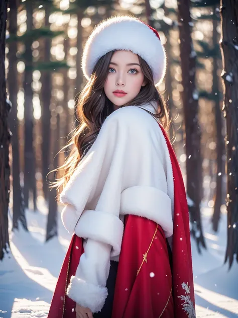 Beautiful girl standing in the snow， golden long hair， Red Coat ，OUTER PURPLE CAPE， looking at the camera， Blue Eyes ， Fair Skin ， tall， Beautiful girl standing in the snow background with a snowy pine forest ， Light depth effect ， Canon camera color ，Russ...