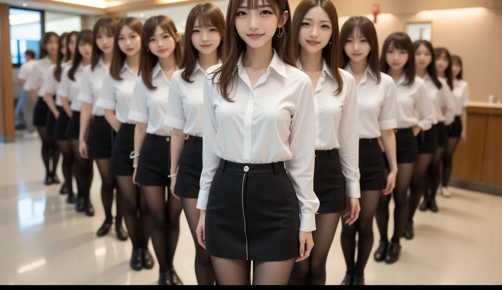 Everyone always wears black tights
They are lined up in a straight line
Super large number
Japanese office lady
super miniskirt
Everyone has straight bangs
Everyone has random brown hair
Everyone is showing their whole body, from their heads to their shoes...