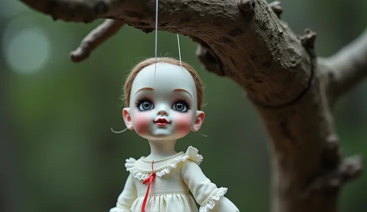 A close up of a doll hanging with tree. The doll is smiling