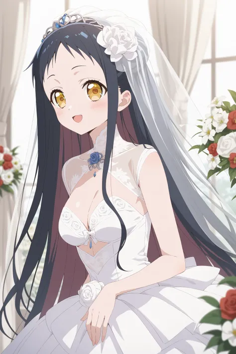 masterpiece,best quality,{{detailed beautiful face and eyes}}, very detailed background,
Hibana Kagari,{{{megami magazine}}},long hair,black hair,hair bun,yellow eyes,medium breasts,
1girl,hairstyle: (wedding bun:1.2)
Outfit: (wedding dress,intricate dress...