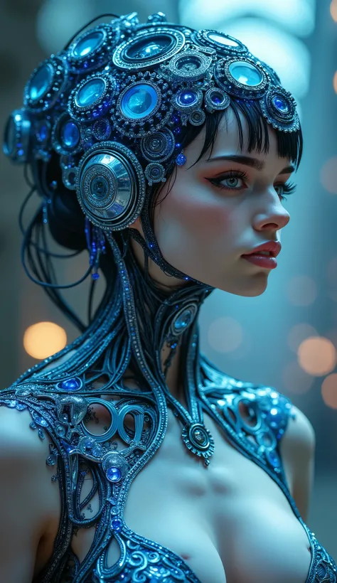 A statuesque cyborg android woman, her chest artwork resembling a pulsating, gems dealers bucket list diamond battery, a Mona Lisa's enigmatic smile with eyes afire in a mesmerizing, azure laser glow, crowned with spelltacular, interlocking blue gears ador...