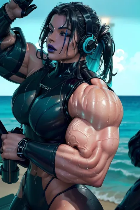 ((Close-up)), tall, (cyan hair) beautiful muscular wet woman, long hair, wet white skinned, (smirking), (black lipstick), (massive muscles), (hyper muscle), ((ginormous bulky muscles)), purple eyes, ((((beautiful sleeveless scuba suit)))), (wet and wonderf...