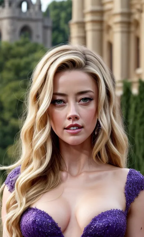 AMBER HEARD \N\
 long blond hair\N\
Ojos marroNes\N\
Piel muy blaNca\N\
Vestida de priNcesa\N\
Highly decorated purple dress\N\
 thick eyelashes\N\
FaccioNes delicadas\N\
Al foNdo uN castillo 