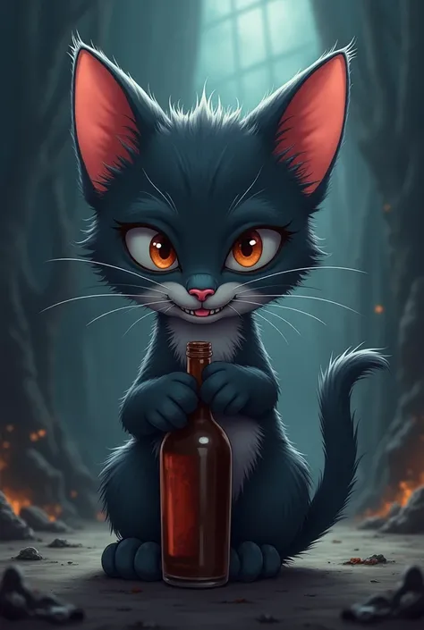  Cartoon dark anime kitten .  It has big ears on its head and teeth stick out in its mouth. The kitten has a bottle in its paws  