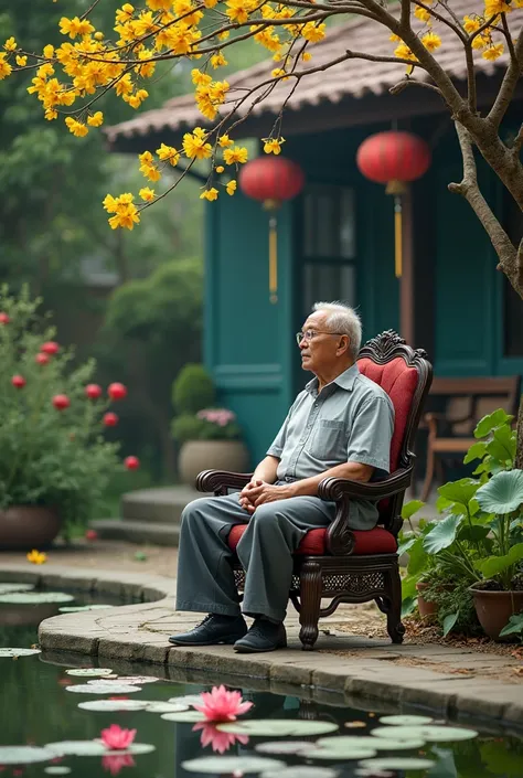  Nguyen Trai is sitting on a cool sooty chair next to a small lotus pond in the yard, there is a red pomegranate tree, yellow primrose, squeak, stupid , away from home there is a bustling fish market with many people from all over the world 