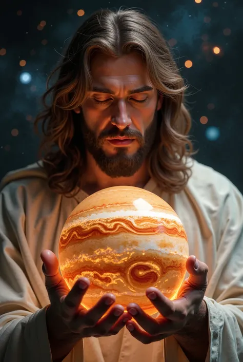 " A hyper-realistic close-up of Jesus Christ holding the planet Jupiter in the palm of his hands .  His expression is serene and divine ,  with intricate details on his face , beard and loose hair .  Jupiter is portrayed in surreal and breathtaking detail ...