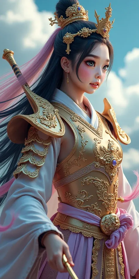 (photorealism,face facing front,slim figure, long hair,detailed skins), uhd,extreme realistic, japanese heaven beauty goddes of war wearing rare ornate golden armor with intricate heaven designs, featuring a prominent crown and wielding a sword. The armor ...