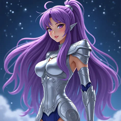 "A 25-year-old Asian woman with long, vibrant purple hair, styled elegantly and complemented by flawless makeup. She wears a stunning silver Centaur-themed armor, inspired by the Saint Seiya universe. The armor is intricately detailed with graceful designs...