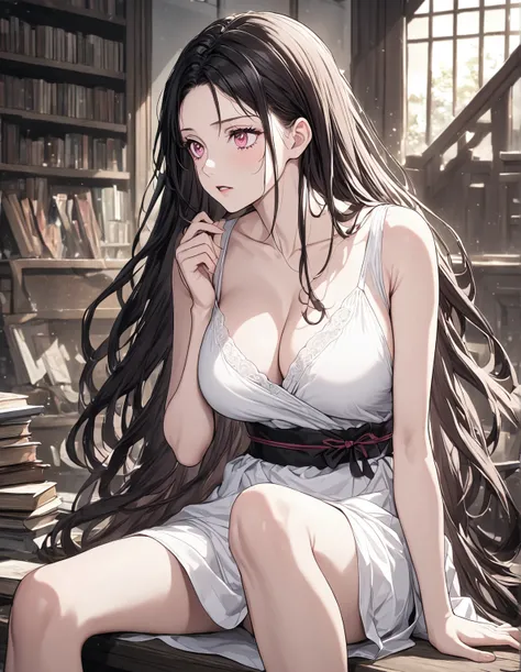 Kimetsu no Yaiba style, 1 girl, solo, angry expression, pink eyes, black hair, long hair, short bangs, night sky, old Japanese library background, books (best quality), (super detailed), (illustration), sitting sideways, model, holding a book, looking at t...