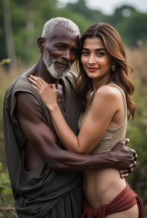 artistic portrait of pooja , breasts medium, fair skin, arm behind the back, standing, smiling face, gorgeous attractive face, Hugging an very old man african, african Old man in beggar's clothes, old man beggar, canon 50 mm, analog style, woman sexy mini ...