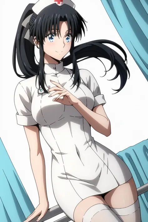 dutch angle, MASTER PIECE, HIGH QUALITY,  HD, 4K(((((Kamiya Kaoru wearing nurse dress, white thighhigh, Kamiya Kaoru black hair))))), (((sexy body))), ((((perfect girl anatomy)))), (((BLACK LONG HAIR, long ponytail hairstyle, hairbow, PERFECT EYES, large b...